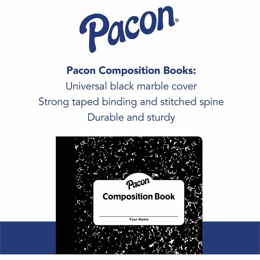 Pacon Composition Book - 100 Sheets - 200 Pages - Quad Ruled - 0.20" Ruled - 9.75" x 7.5" x 0.1" - White Paper - Black Marble Cover - Durable, Hard Cover - 1 Each