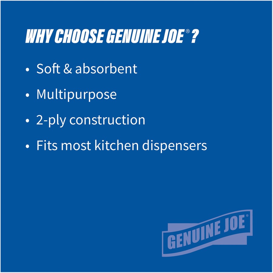 Genuine Joe Paper Towels - 2 Ply - 8" x 11" - 250 Sheets/Roll - White - Paper - Perforated, Absorbent, Soft, Chlorine-free - For Kitchen, Multipurpose, Hand, Breakroom - 12 / Carton = GJO25012