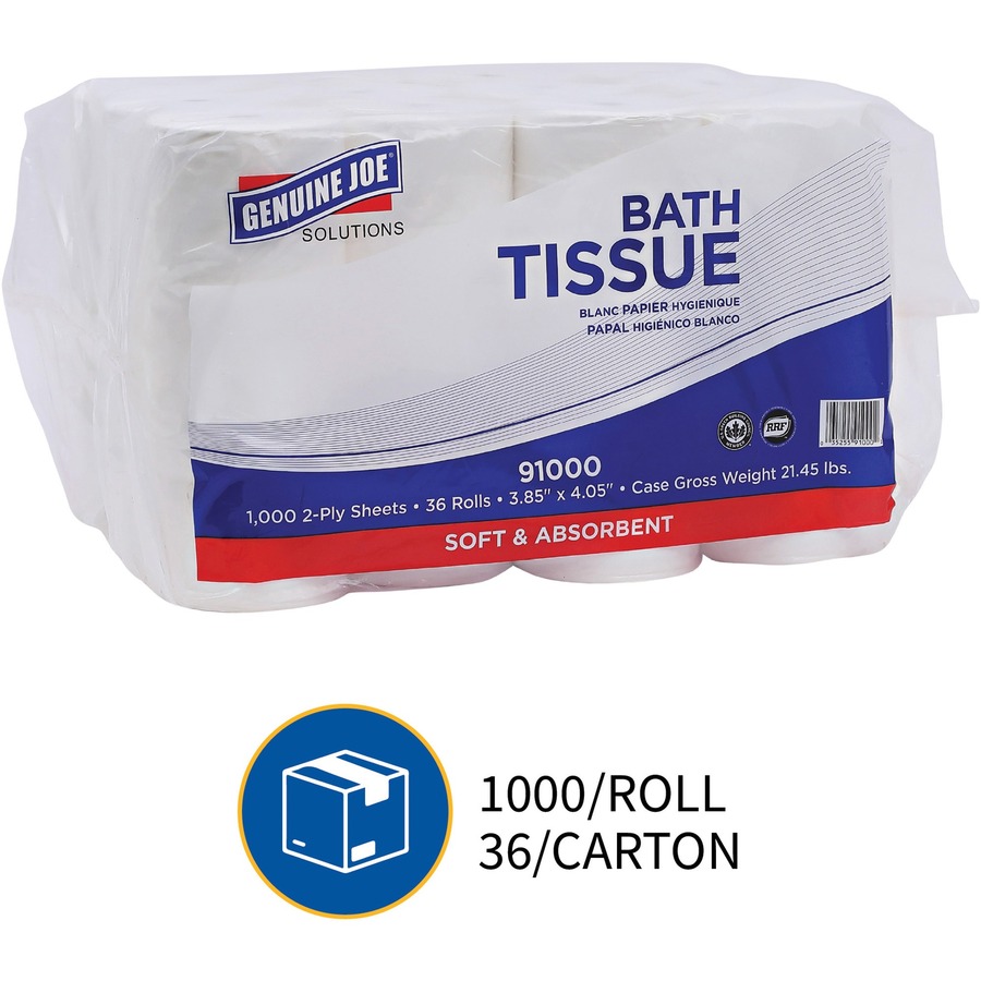 Genuine Joe Solutions Double Capacity Bath Tissue - 2 Ply - 1000 Sheets/Roll - 0.71" Core - White - Virgin Fiber - 36 / Carton