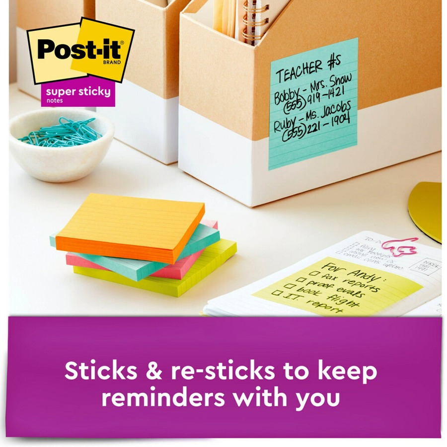Post-it® Super Sticky Lined Notes - Supernova Neons Color Collection - 540 x Multicolor - 4" x 4" - Rectangle - 90 Sheets per Pad - Ruled - Aqua Splash, Acid Lime, Guava, Tropical Pink, Iris Infusion - Paper - Self-adhesive, Removable, Recyclable - 6 