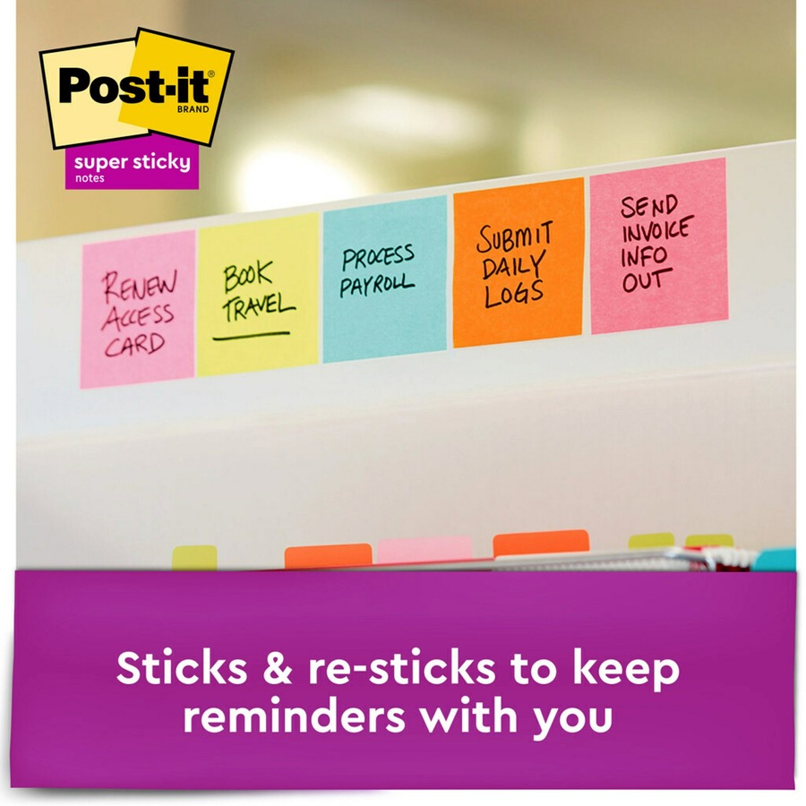 Post-it® Super Sticky Notes - Supernova Neons Color Collection - 3" x 3" - Square - 90 Sheets per Pad - Aqua Splash, Acid Lime, Guava, Tropical Pink, Iris Infusion - Paper - Recyclable, Repositionable - 5 / Pack