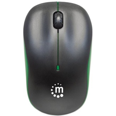 Manhattan Success Wireless Mouse, Black/Green, 1000dpi, 2.4Ghz (up to 10m), USB, Optical, Three Button with Scroll Wheel, USB micro receiver, AA battery (included), Low friction base, Three Year Warranty, Blister