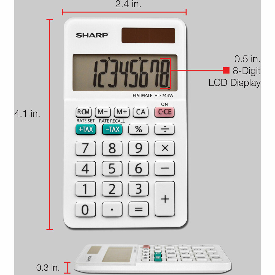 Sharp EL-244WB 8 Digit Professional Pocket Calculator - Extra Large Display, Durable, Plastic Key, Dual Power, 3-Key Memory, Automatic Power Down - 8 Digits - LCD - White - 1 Each