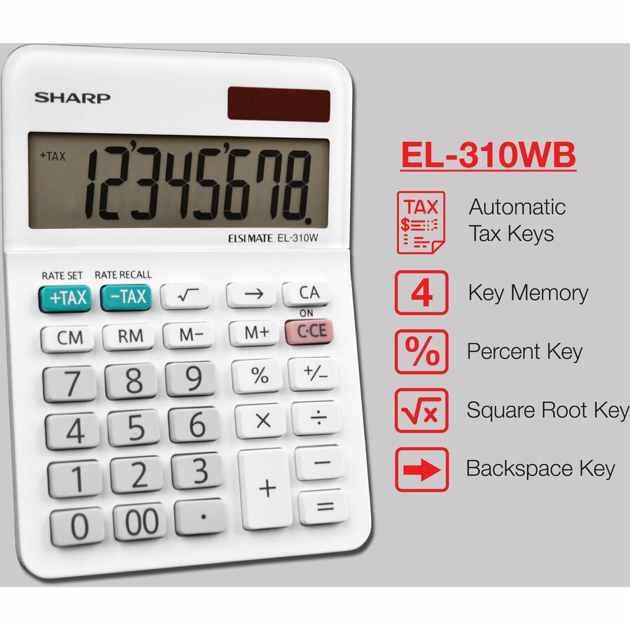 Sharp Calculators EL-310WB 8-Digit Professional Mini-Desktop Calculator - 4-Key Memory, Sign Change, Backspace Key, Auto Power Off, Double Zero - 8 Digits - LCD - 1" x 3.4" x 4.8" - White - Desktop - 1 Each - Desktop Display Calculators - SHREL310WB