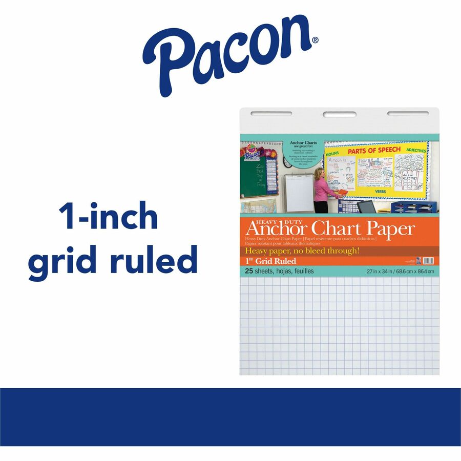 Pacon Heavy Duty Anchor Chart Paper - 25 Sheets - Grid Ruled - 1" Ruled - 1 Horizontal Squares - 1 Vertical Squares - 27" x 34" - White Paper - 4 / Carton
