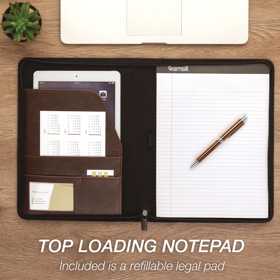 Samsill Letter Pad Folio - 8 1/2" x 11" - Faux Leather, Vinyl - Dark Brown - Zipper Closure, Notepad - 0% Recycled - 1 Each