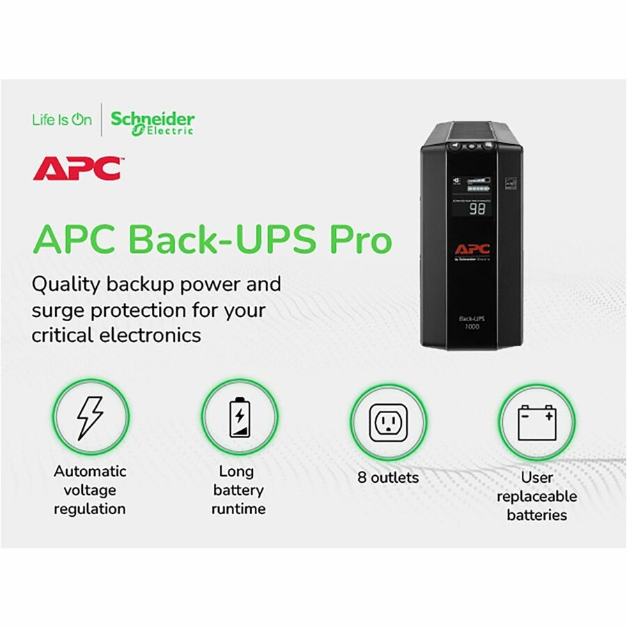 APC Back-UPS 1000, Compact Tower, 1000VA, 120V, AVR, LCD, 8 NEMA outlets (4 surge)
