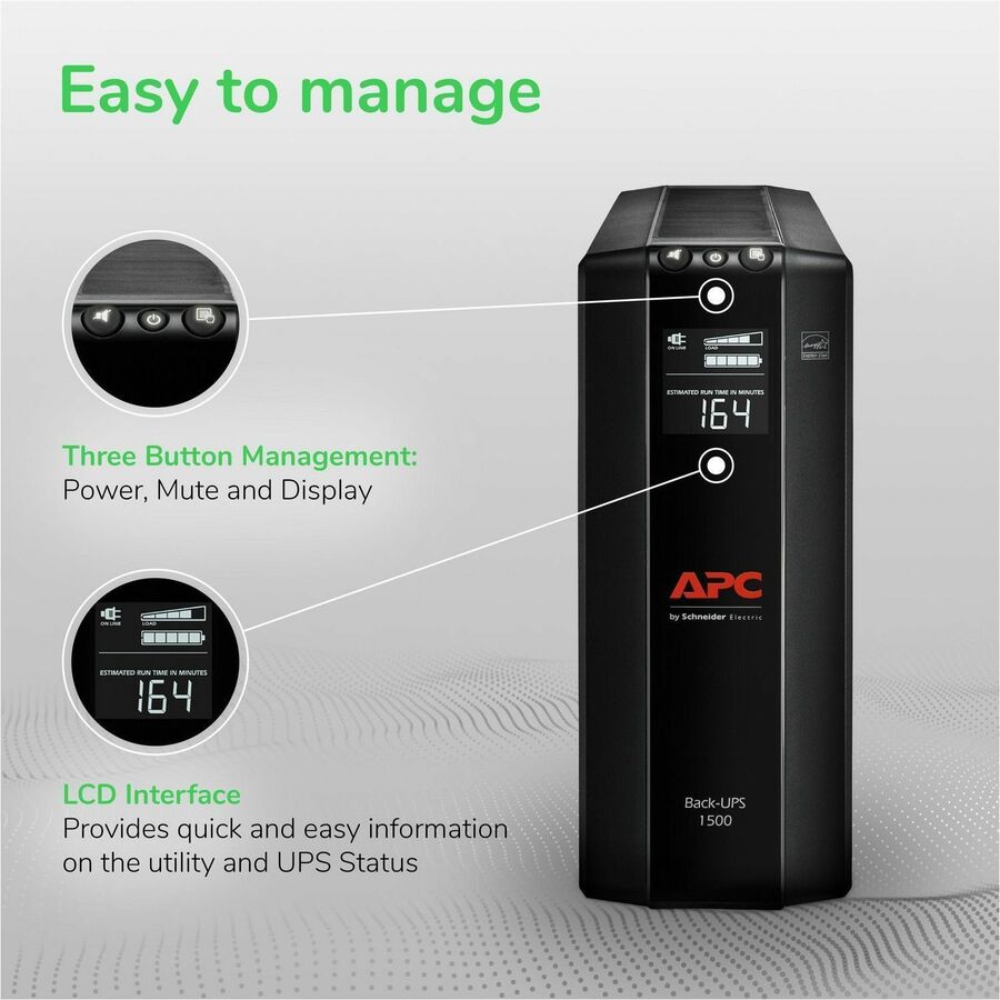 APC Back-UPS Pro, 1500VA, Tower, 120V, 10 NEMA 5-15R outlets, AVR, LCD