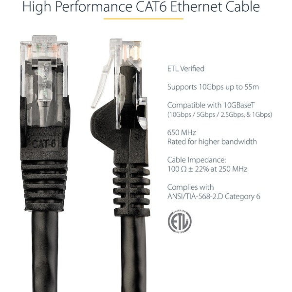 9 ft Black Cat6 Cable with Snagless RJ45 Connectors - Cat6 Ethernet Ca