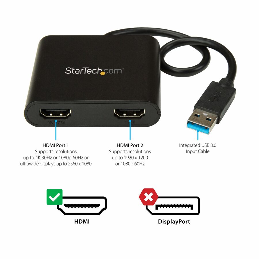 StarTech.com USB 3.0 to Dual HDMI Adapter, 1x 4K & 1x 1080p, External Graphics Card, USB Type-A Dual Monitor Display Adapter, Windows Only