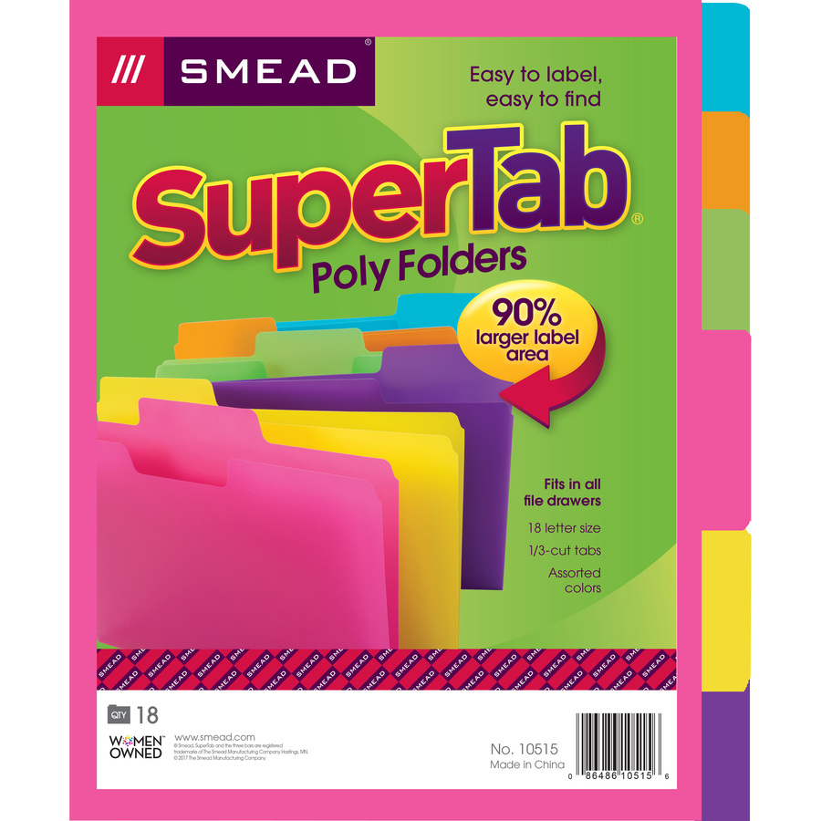 Smead SuperTab 1/3 Tab Cut Letter Top Tab File Folder - 8 1/2" x 11" - Top Tab Location - Assorted Position Tab Position - Yellow, Orange, Blue, Pink, Purple, Green - 18 / Pack
