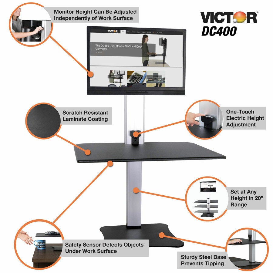 Victor High Rise Electric Height Adjustable Standing Desk Workstation - 11.34 kg Load Capacity - 20" (508 mm) Height x 28" (711.20 mm) Width x 23" (584.20 mm) Depth - Wood, Steel, Aluminum - Black, Aluminum - Workstations/Computer Desks - VCTDC400