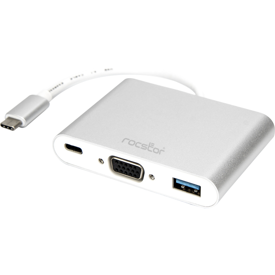 Rocstor Premium USB-C to VGA Multiport Adapter - USB-C to VGA/USB-C (3.1)/USB 3.0 for Audio/Video Device, Notebook, Monitor, Projector, MacBook, MacBook Pro, Chromebook, iMac, Mac mini - 8" - 1 x USB-C Male to 1 x VGA Female Digital Audio/Video - 1 x USB-C (3.1 Gen1 5Gbps), Female, 1 x USB 3.0 Type-A Female - Metal Silver - Mac & PC Compatible - USB-C TO VGA/USB 3.0/USB-C 3IN1 ADAPTER