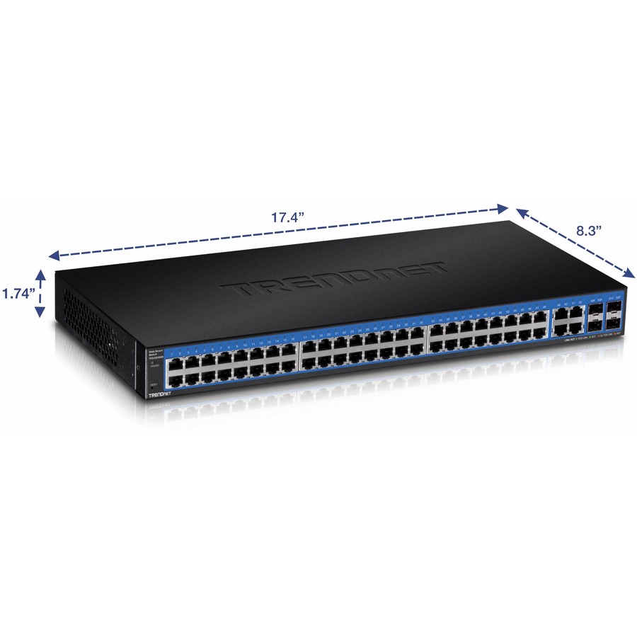 TRENDnet 52-Port Gigabit Web Smart Switch, 48 Gigabit RJ-45 Ports, 4 Shared Gigabit Ports (RJ-45 or SFP), 104 Gbps Switching Capacity, VLAN, QoS, LACP, IPv6, Lifetime Protection, Black, TEG-524WS