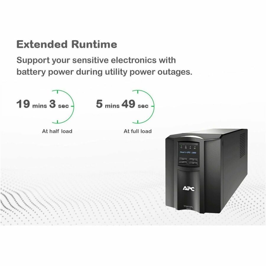 APC Smart-UPS, Line Interactive, 1000VA, Tower, 120V, 8x NEMA 5-15R outlets, SmartConnect Port+SmartSlot, AVR, LCD