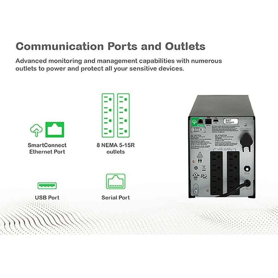 APC Smart-UPS C, Line Interactive, 1000VA, Tower, 120V, 8x NEMA 5-15R outlets, SmartConnect port, USB and Serial communication, AVR, Graphic LCD