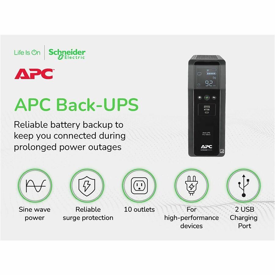 APC Back-UPS Pro, 1000VA/600W, Tower, 120V, 10x NEMA 5-15R outlets, Sine Wave, AVR, USB Type A + C ports, LCD, User Replaceable Battery