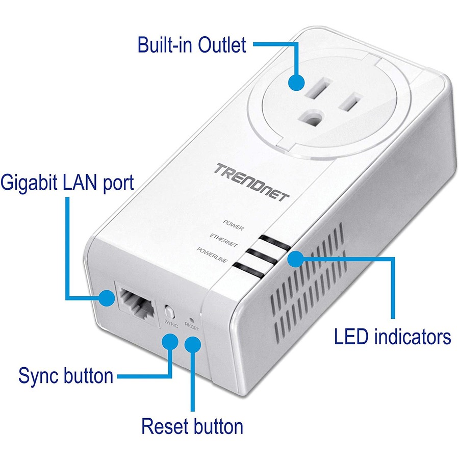 TRENDnet Powerline 1300 AV2 Adapter with Built-in Outlet; Gigabit Port; IEEE 1905.1 & IEEE 1901; Range Up to 300m (984 ft.); TPL-423E