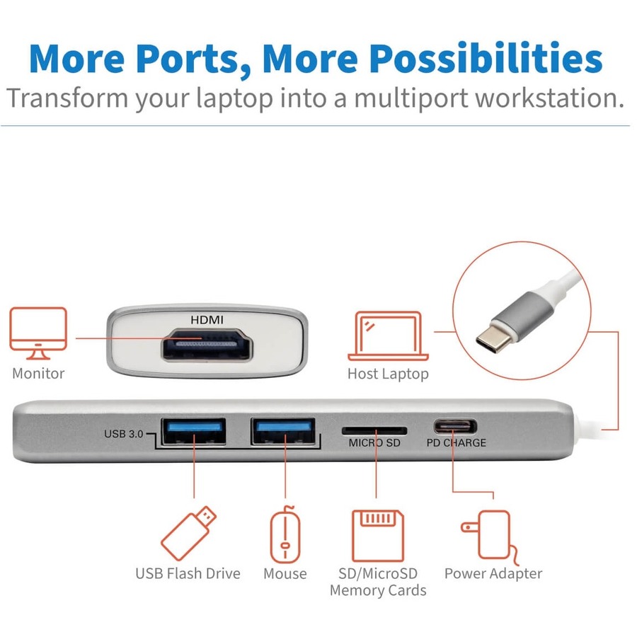 Tripp Lite by Eaton USB C Docking Station 4k @ 30Hz w/USB Hub HDMI Micro SD Charging, USB Type C, USB-C, USB Type-C