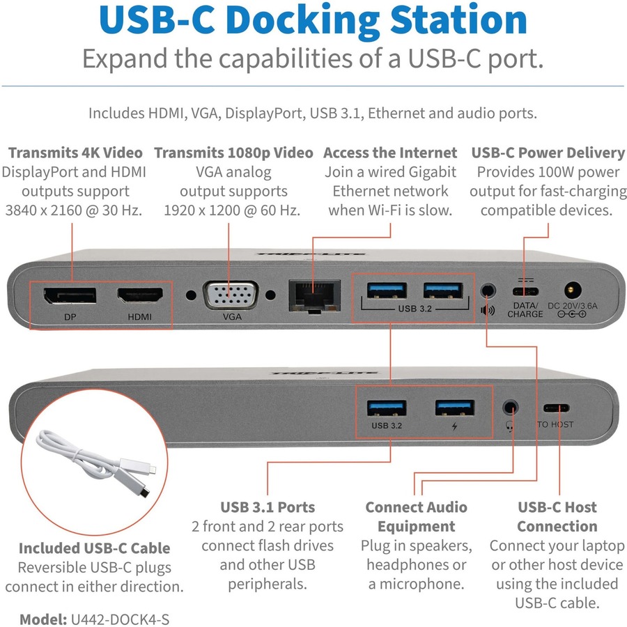 Tripp Lite by Eaton USB C Docking Station w/ USB A/C Hub, HDMI, VGA, DisplayPort, Gbe, 100W PD Charging 4K@30Hz Thunderbolt 3, USB Type C, USB-C, USB Type-C