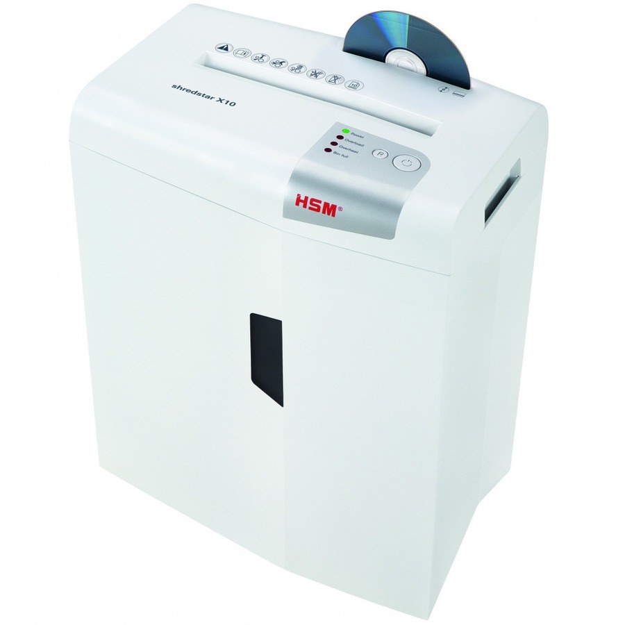 HSM shredstar X10 - 3/16" x 1 1/8" + Sep. CD Cutting Unit - Particle Cut - 10 Per Pass - for shredding CD, DVD, Paper, Staples, Paper Clip, Credit Card - 0.188" x 1.125" Shred Size - P-4/O-1/T-2/E-2/F-1 - 8.66" Throat - 5.30 gal Wastebin Capacity - White