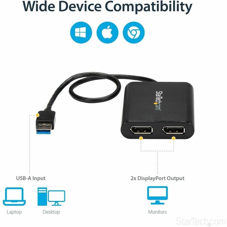 StarTech.com USB to Dual DisplayPort Adapter - 4K 60Hz - USB 3.0 5Gbps - USB Dual Monitor Adapter - Dual DisplayPort Adapter - DisplayLink Certified