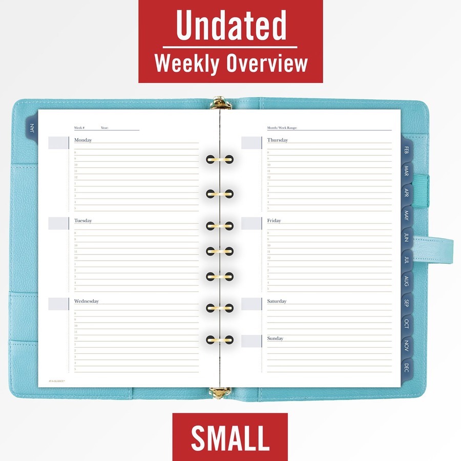 At-A-Glance Buckle Closure Undated Desk Start Set - Julian Dates - Weekly, Monthly - 8:00 AM to 5:00 PM - 1 Month, 1 Week Double Page Layout - 5 1/2" x 8 1/2" Sheet Size - 7-ring - Buckle Closure - Desk - Teal - Faux Leather - Reference Calendar, Tab Clos