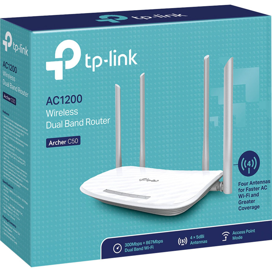 TP-Link Archer C50 IEEE 802.11ac Ethernet Wireless Router - 2.40 GHz ISM Band - 5 GHz UNII Band - 150 MB/s Wireless Speed - 4 x Network Port - 1 x Broadband Port - Fast Ethernet - VPN Supported - Desktop - Wireless Routers - TPLARCHERC50V3