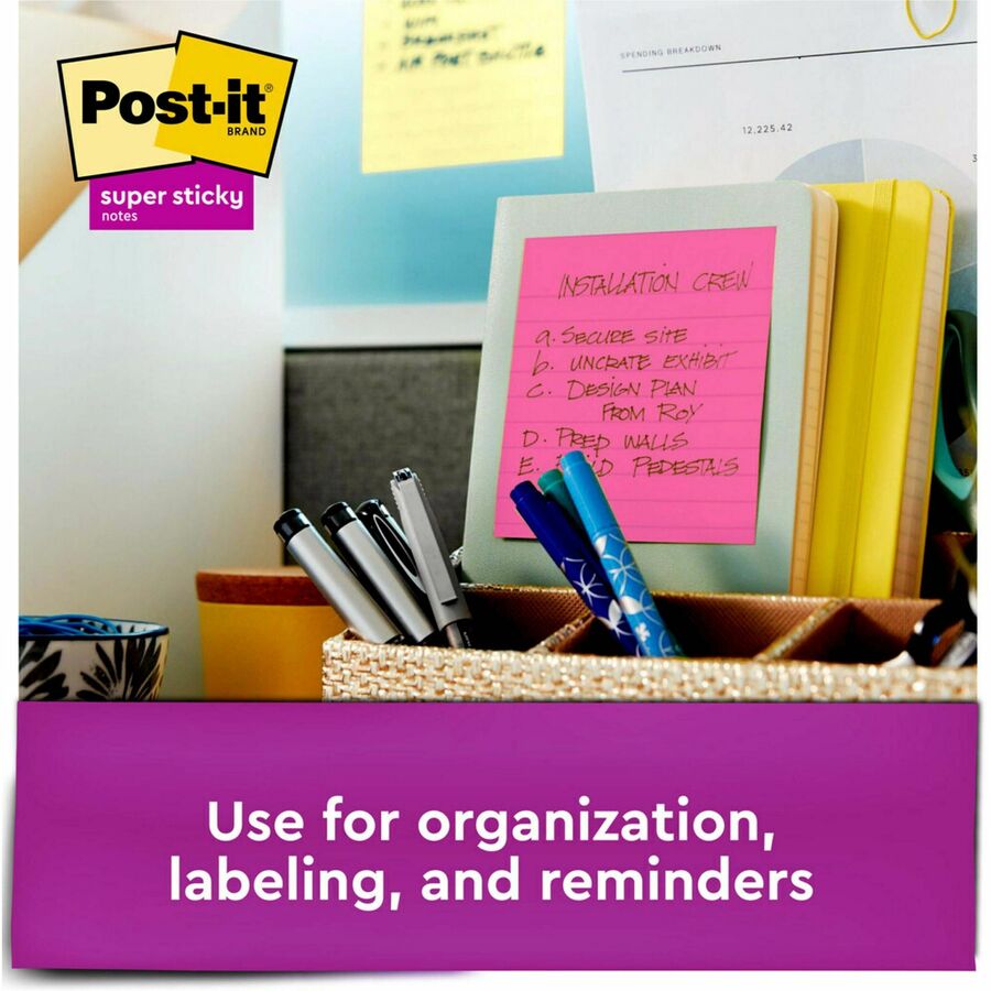 Post-it® Super Sticky Pop-up Lined Note Refills - 4" x 4" - Square - 90 Sheets per Pad - Pink - Sticky - 5 / Pack