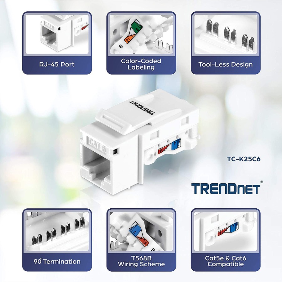 TRENDnet Cat6 Keystone Jack, 25-Pack Bundle, 90&deg; Angle Termination, Compatible With Cat5, Cat5e, Cat6 Cabling, Color-Coded Labeling, Gold-Plated Contacts, Tool-less Design, White, TC-K25C6
