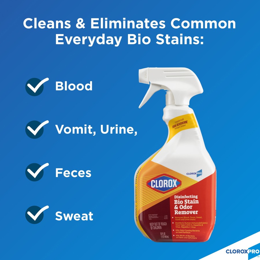 CloroxPro Disinfecting Bio Stain & Odor Remover Spray - Ready-To-Use - 32 fl oz (1 quart) - 432 / Pallet - Deodorize, Bleach-free, Disinfectant, Antibacterial - Translucent