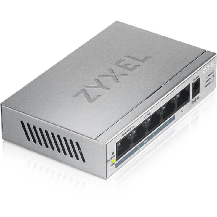 Zyxel 5 Port Gigabit Ethernet Unmanaged POE+ Switch | 4 x PoE+ @ 60W | Plug & Play | Sturdy Metal Housing | Desktop or Wall-Mount | Fanless | Lifetime Warranty | Ethernet Splitter | GS1005HP