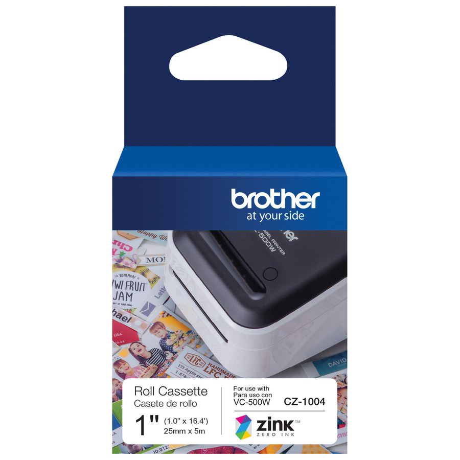 Brother Genuine CZ-1004 continuous length 1" (1.0") 25 mm wide x 16.4 ft. (5 m) long label roll featuring ZINK® Zero Ink technology - 1" Width - Zero Ink (ZINK) - Paper - 1 Each - Water Resistant