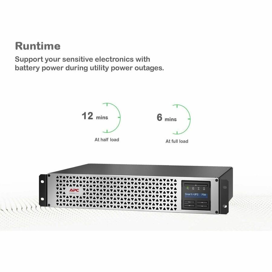 APC Smart-UPS, Line Interactive, 750VA, Lithium-ion, Rackmount 2U, 120V, 6x NEMA 5-15R outlets, SmartConnect Port+SmartSlot, Short Depth, AVR, LCD