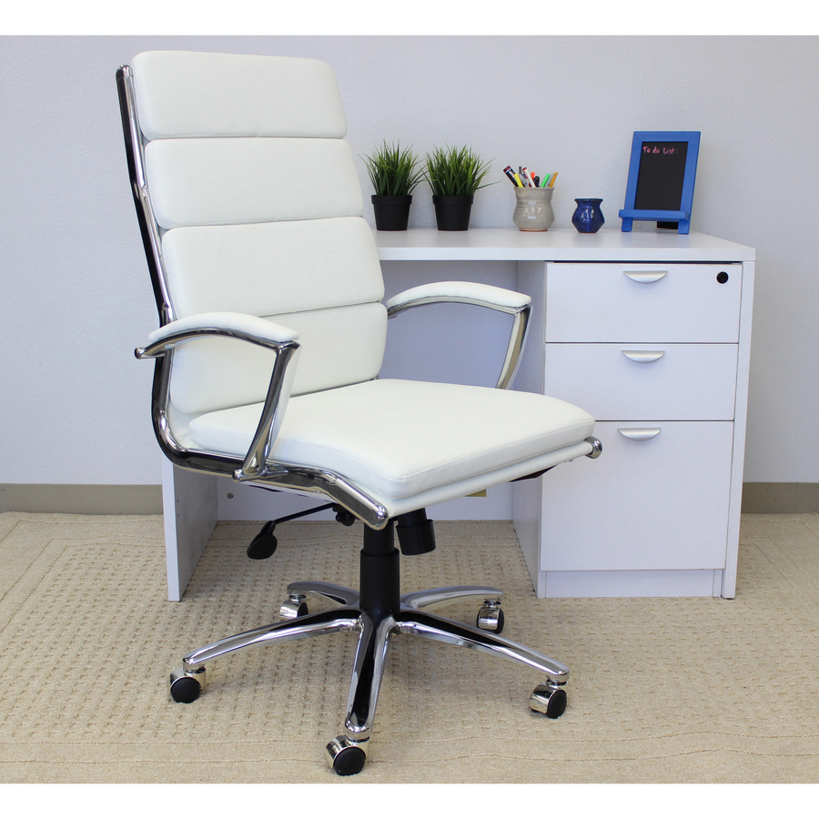 Boss Executive CaressoftPlus™ Chair with Metal Chrome Finish - White Vinyl Seat - White Vinyl Back - Chrome Frame - High Back - 5-star Base - Armrest - 1 Each