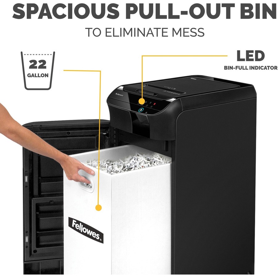 Fellowes® AutoMax 600M 2-in-1 Auto Feed Commercial Paper Shredder with Micro-Cut - Micro Cut - 600 Per Pass - for shredding Staples, Paper Clip, Paper, Credit Card, Junk Mail - 0.078" x 0.547" Shred Size - P-5 - 9" Throat - 22 gal Wastebin Capacity - 