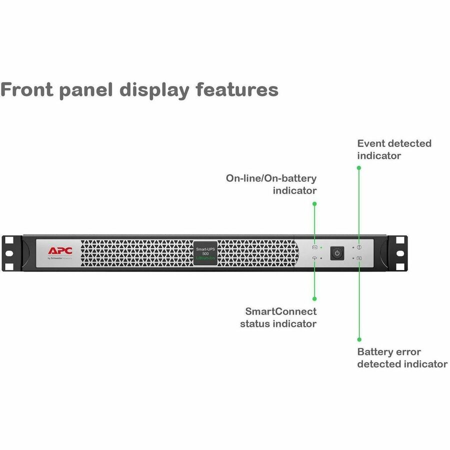 APC Smart-UPS, Line Interactive, 500VA, Lithium-ion, Rackmount 1U, 120V, 4x NEMA 5-15R outlets, SmartConnect Port, Short Depth