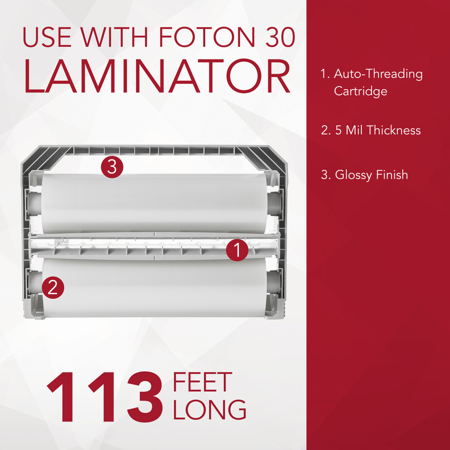GBC Foton Laminating Cartridge - Sheet Size Supported: Letter 8.50" (215.90 mm) Width x 11" (279.40 mm) Length - Laminating Pouch/Sheet Size: 12" Width x 113 ft Length x 5 mil Thickness - Glossy - for Document - Auto-threading - Plastic - 1 Each - Laminating Supplies - GBCFOTONC005B