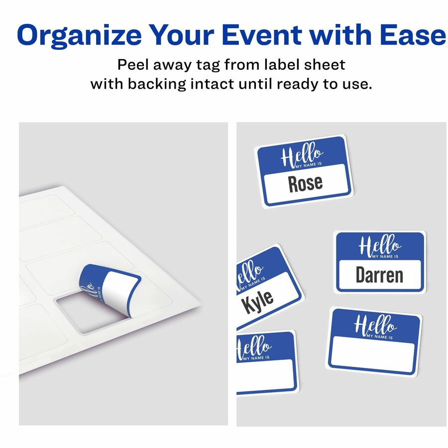 Avery Self-Adhesive Name Tags - "Hello My Name Is" - 11" Height x 8 1/2" Width - Removable Adhesive - Rectangle - Laser, Inkjet - Matte - White - Film - 8 / Sheet - 15 Total Sheets - 120 Total Label(s) - 5 - Print-to-the Edge, Removable, Self-adhesive, Cu