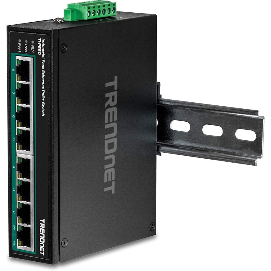 TRENDnet 8-Port Industrial Unmanaged Fast Ethernet PoE+ DIN-Rail Switch, TI-PE80, 8 x Fast Ethernet PoE+ Ports, 200W PoE Power Budget, IP50 Rated Housing, NDAA TAA Compliant, Lifetime Protection