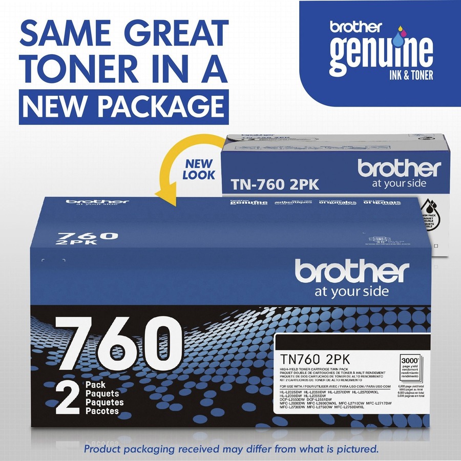 Brother Genuine TN760 2-Pack High Yield Black Toner Cartridge with  Approximately 3,000 Page Yield/Cartridge