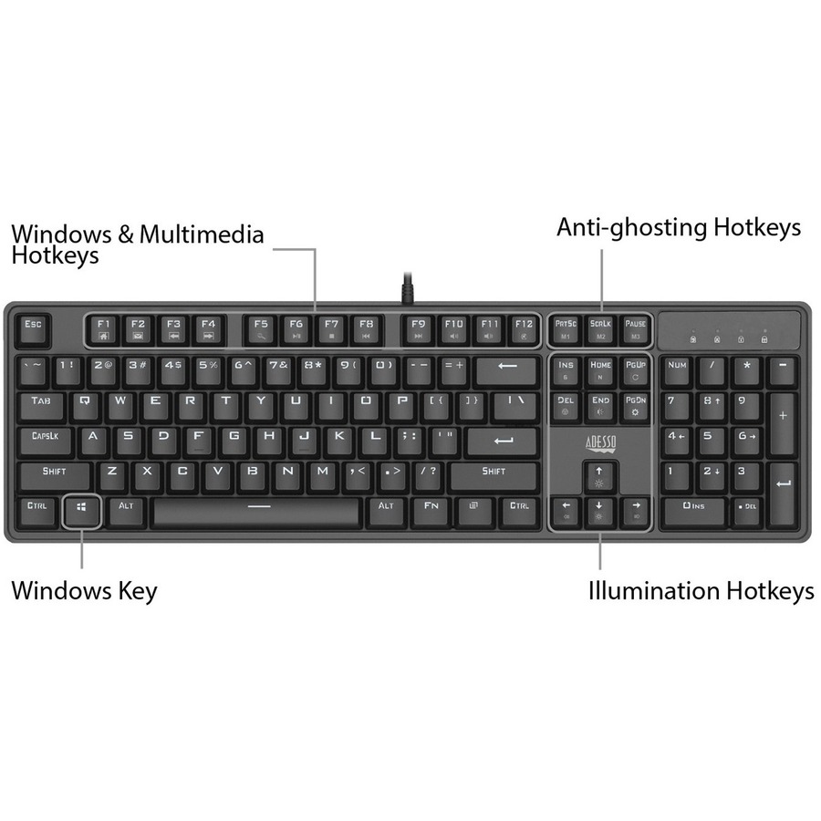 Adesso Multi-color Illuminated Mechanical Gaming Keyboard - Cable Connectivity - USB Interface - 104 Key Multimedia, Windows Key Hot Key(s) - English (US) - Mechanical Keyswitch - Black - Keyboards - ADEAKB640EB