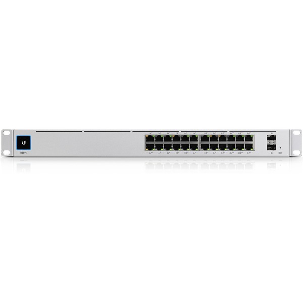 The USW-PRO-24-POE is a configurable Gigabit Layer2 and Layer3* switch with auto-sensing 802.3at PoE+ and 802.3bt PoE++. Sixteen PoE+ and eight PoE++ RJ45 Ethernet ports have total 400W PoE budget, and two SFP+ ports offer 10Gbps uplink options. Near-sile