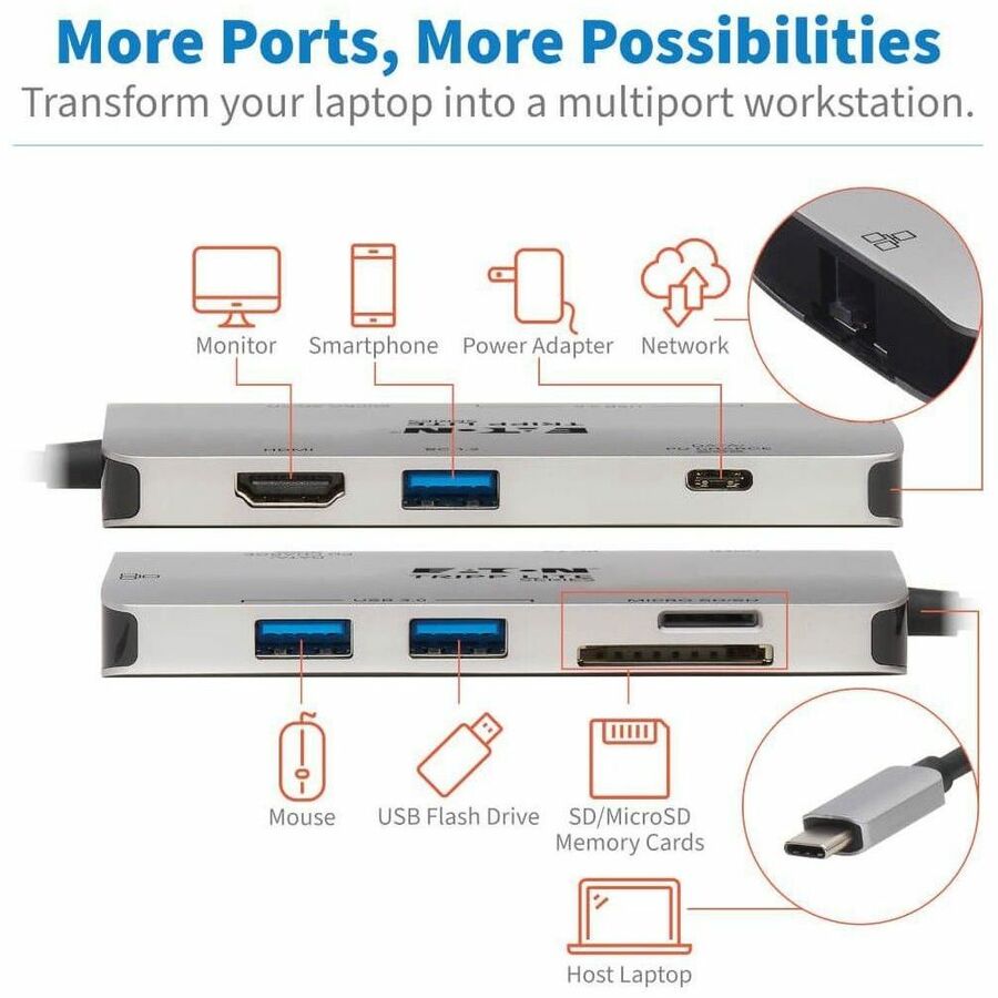 Tripp Lite by Eaton USB-C Dock - 4K HDMI USB 3.x (5Gbps) USB-A/C Hub Ports GbE Memory Card 100W PD Charging