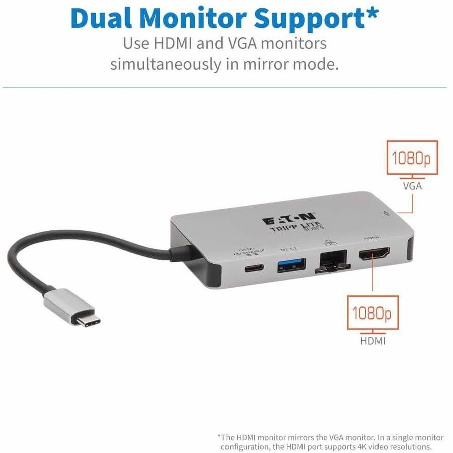 Tripp Lite by Eaton USB-C Dock Dual Display - 4K HDMI VGA USB 3.x (5Gbps) USB-A/C Hub GbE 100W PD Charging