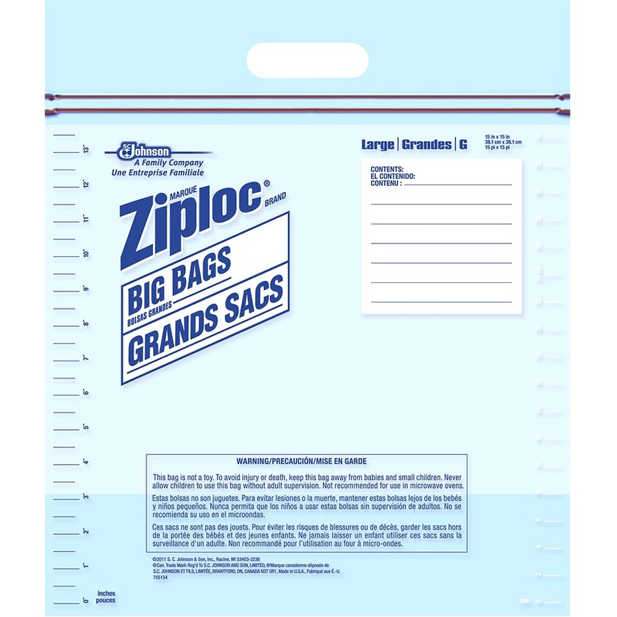 Ziploc® Big Bags - Large Size - 11.36 L - 15" (381 mm) Width x 15" (381 mm) Length - Plastic - 5/Box - Multipurpose - Reclosable Poly Bags - SJN00195