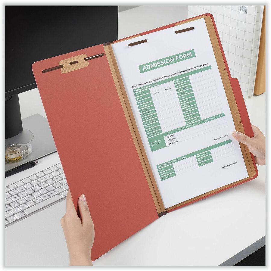 Universal 2/5 Tab Cut Legal Classification Folder - 8 1/2" x 14" - 3" Expansion - 8 Fastener(s) - 2" Fastener Capacity - Top Tab Location - Right of Center Tab Position - 3 Divider(s) - Red - 10 Box