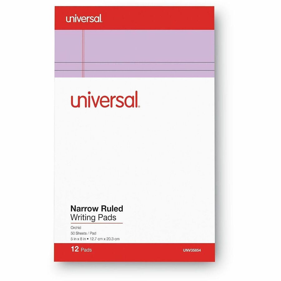 Universal Notepad - 1 Subject(s) - 50 Sheets - Tape Bound - Narrow Ruled Front Ruling - 16 lb Basis Weight - 8" Height x 5" Width - Orchid Paper - Chipboard Cover - 1 Dozen