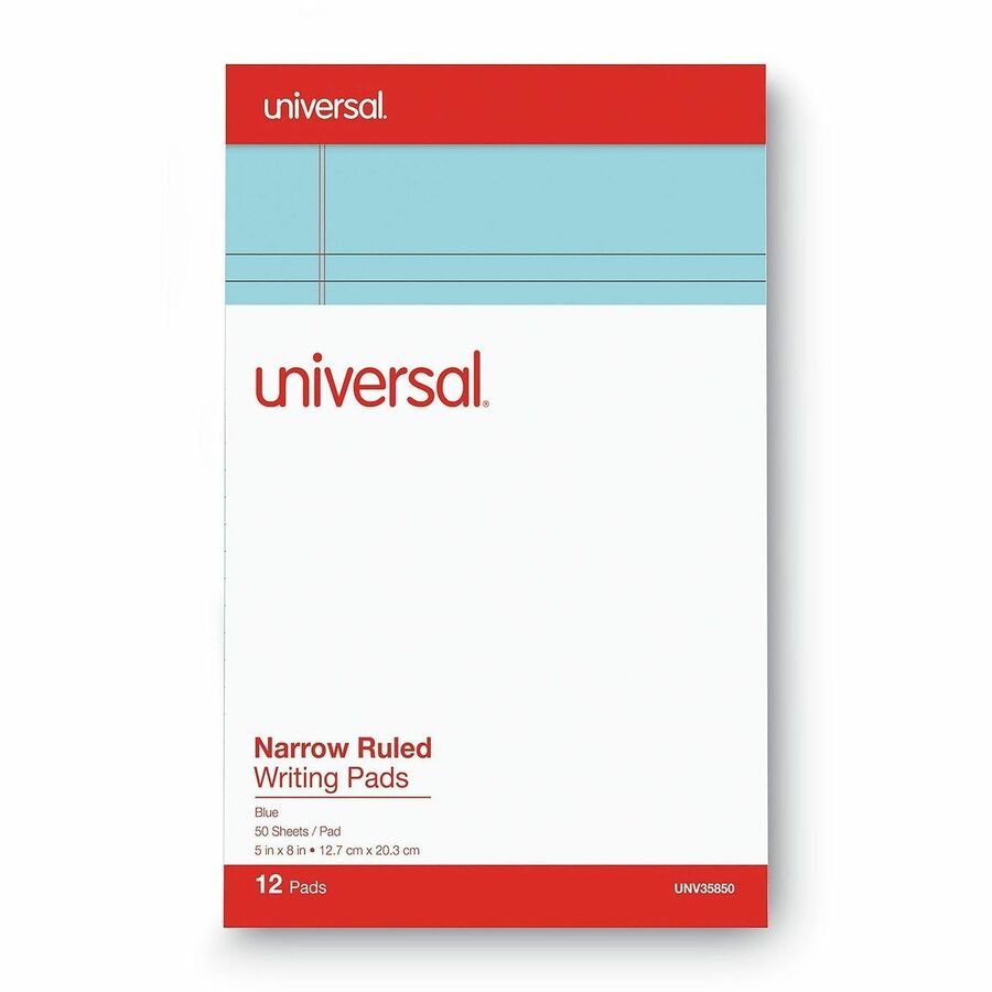 Universal Colored Perforated Ruled Writing Pads, Narrow Rule, 50 Blue 5 x 8 Sheets, Dozen - 1 Subject(s) - 50 Sheets - Tape Bound - Narrow Ruled Front Ruling - 16 lb Basis Weight - 8" Height x 5" Width - Blue Paper - Chipboard Cover - 1 Dozen