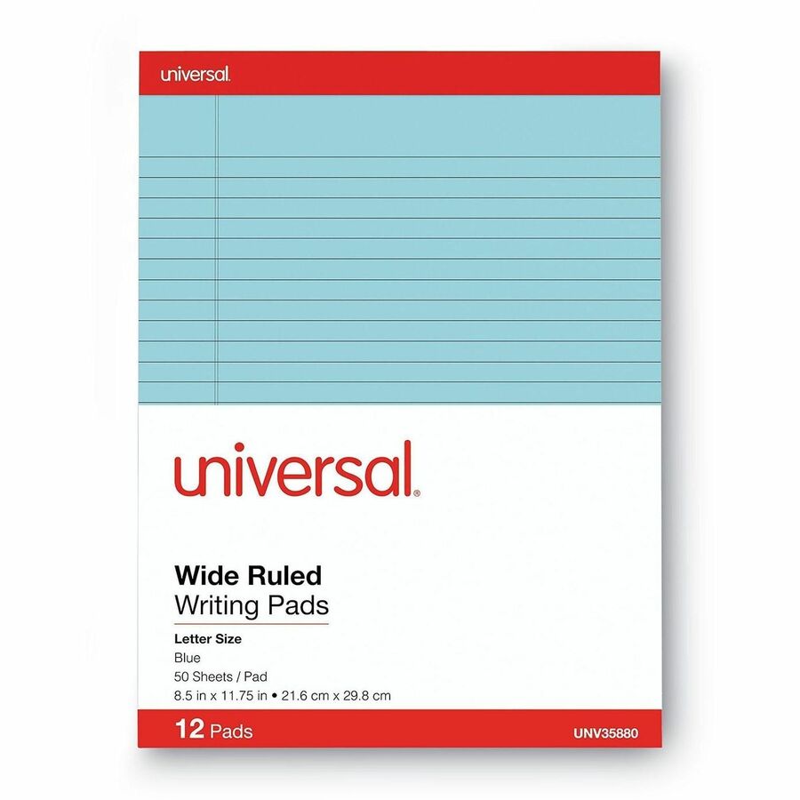 Universal Notepad - 1 Subject(s) - 50 Sheets - Tape Bound - Wide Ruled, Legal Ruled Front Ruling - 16 lb Basis Weight - 11" Height x 8.5" Width - Blue Paper - Chipboard Cover - 1 Dozen